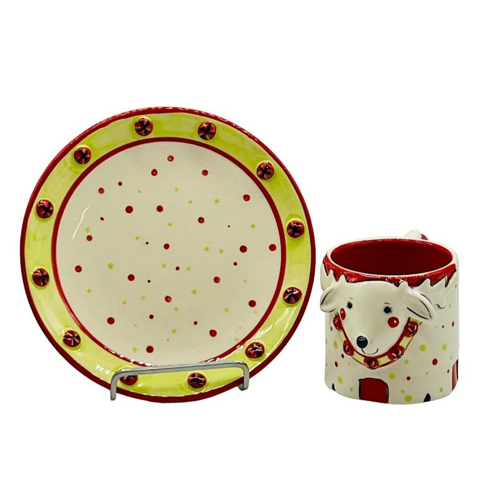 Temptations Tara Reindeer 3D Design Christmas Mug‎ Plate Set Polka Dots